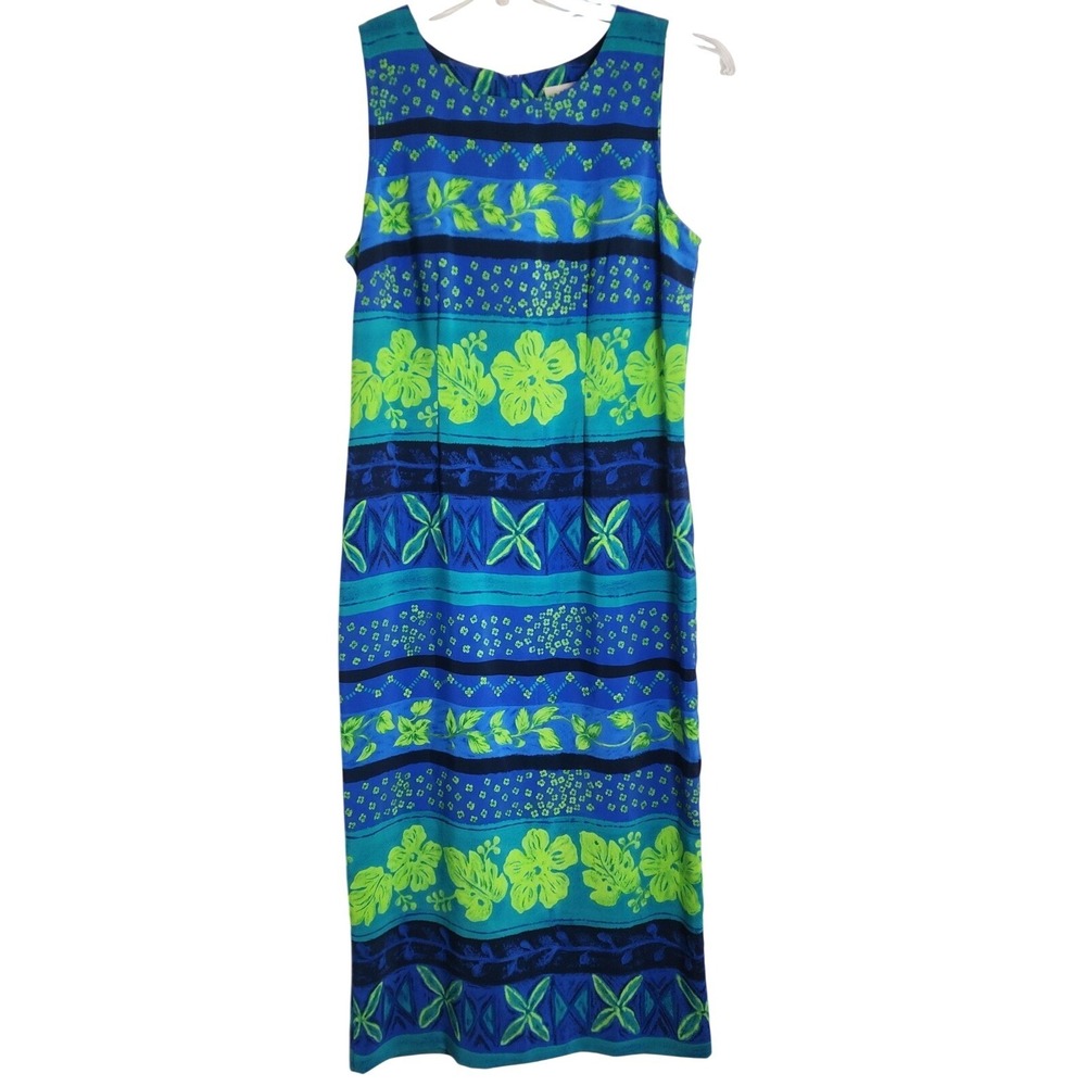 Kathie Lee Maxi Dress Womens 6 Blue Green Floral‎ Hawaiian Tropical Sleeveless